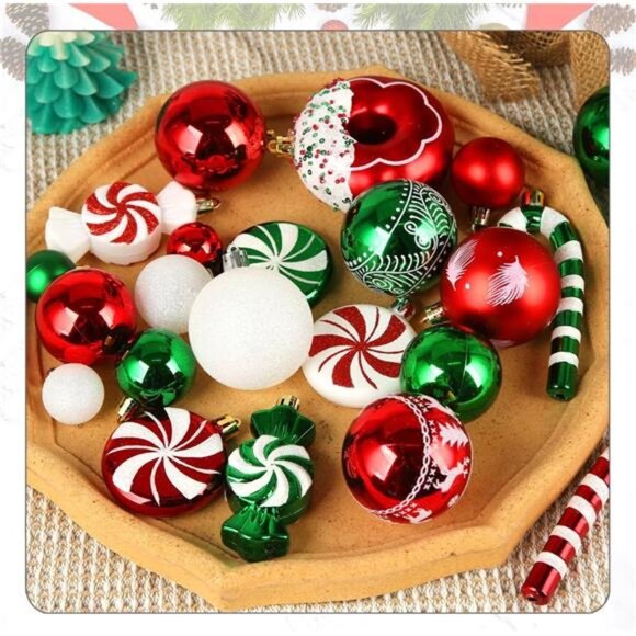 Christmas Tree Ornaments,Green Red White Christmas Ball Ornaments Set of 60 Pack - Picture 4 of 5